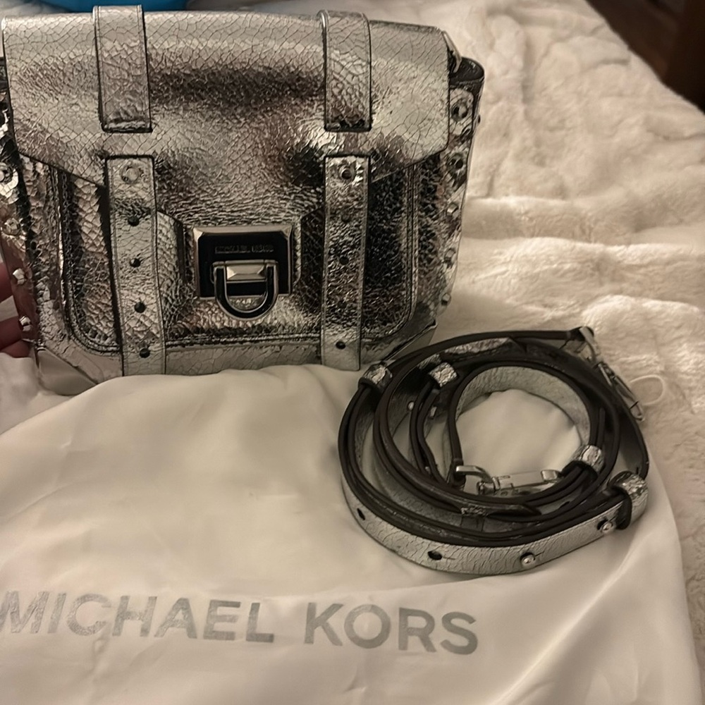Authentic Michael Kors Silver Crossbody Bag with Structured Design
